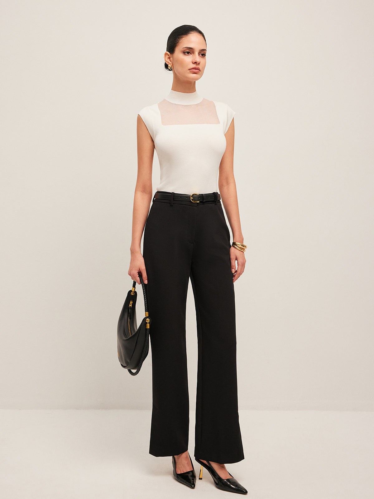 Mesh Panel Mock Neck Top-Chicvia