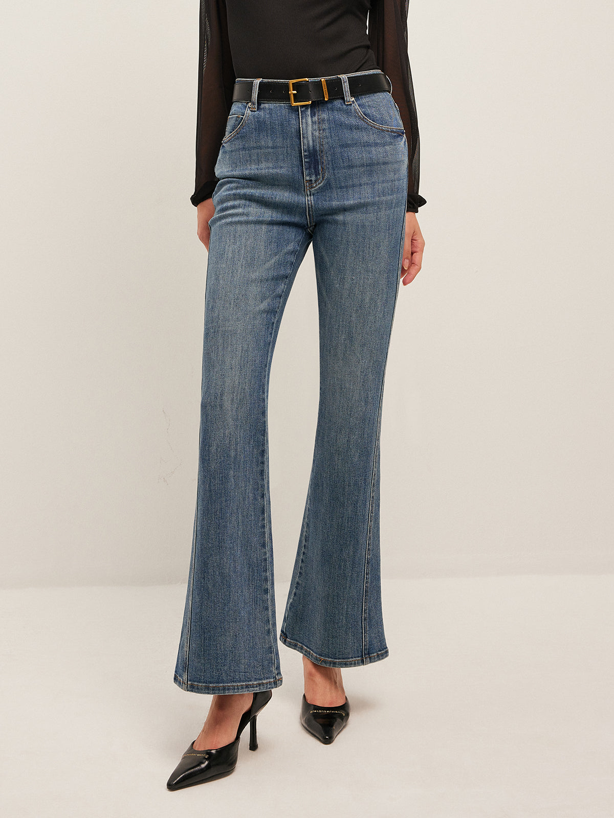 Flared Mid-Waisted Jeans-Chicvia