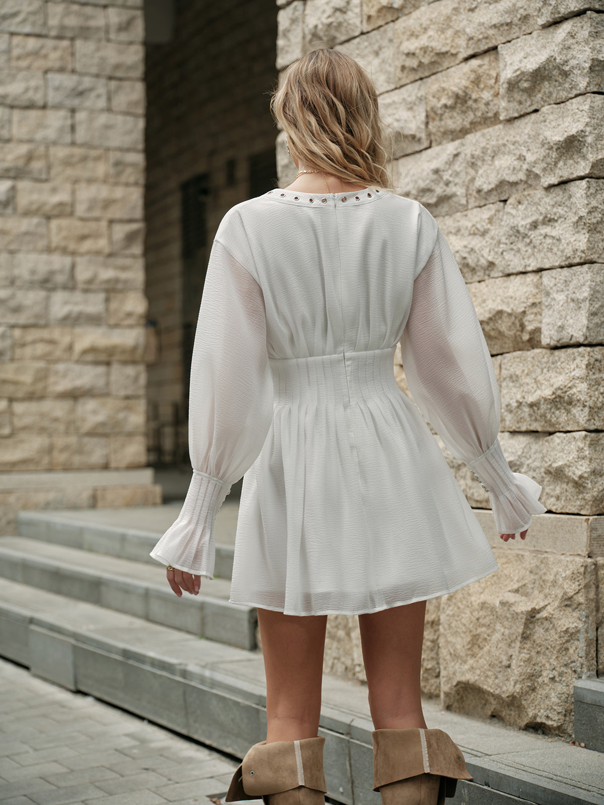 Lace-Up Front Semi-Sheer Dress-Chicvia