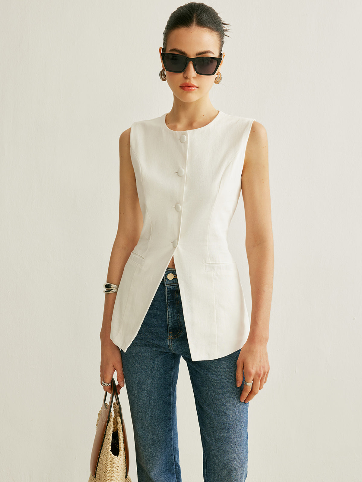 Button Detail Sleeveless Vest-Chicvia