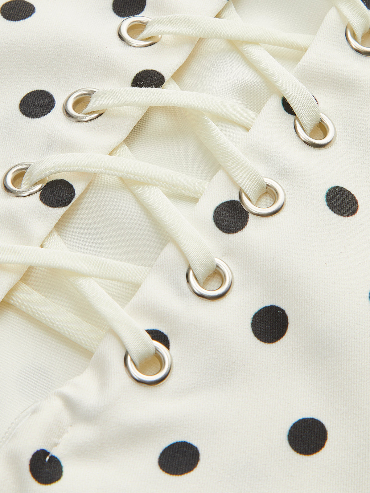 Polka Dot Lace-Up Back Dress-Chicvia