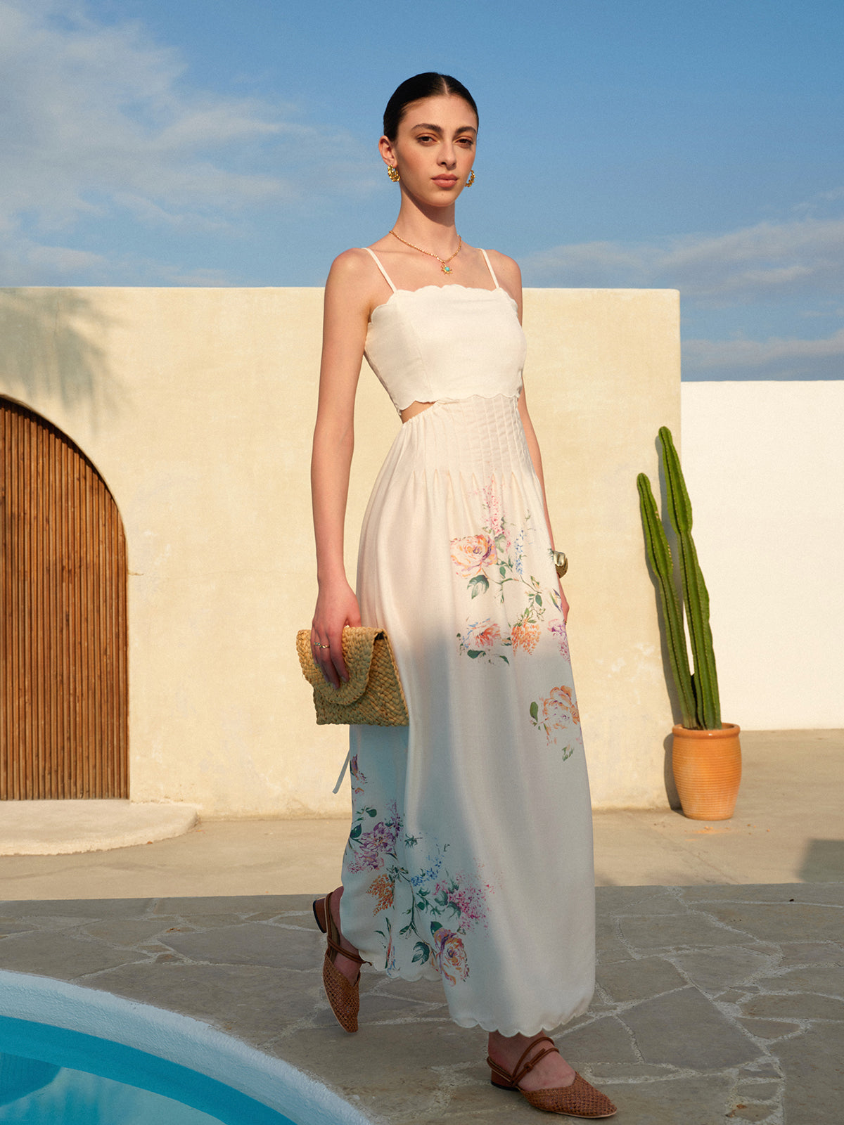 Floral Print Lace-Up Back Sleeveless Dress-Chicvia