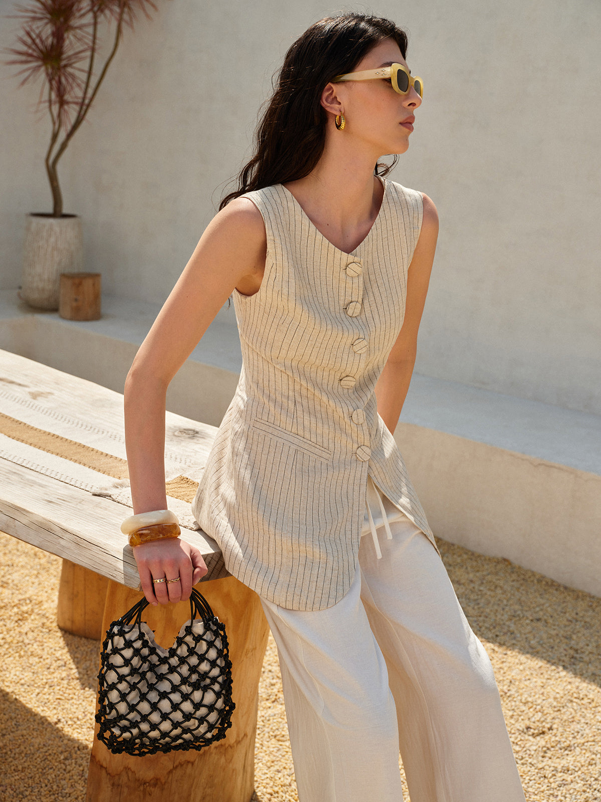 Cotton & Linen Button-Front Sleeveless Vest-Chicvia