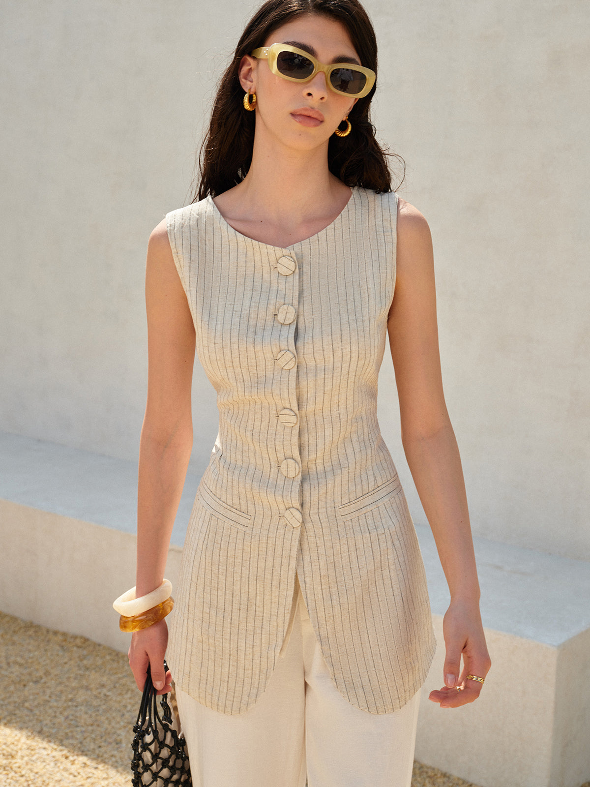 Cotton & Linen Button-Front Sleeveless Vest-Chicvia