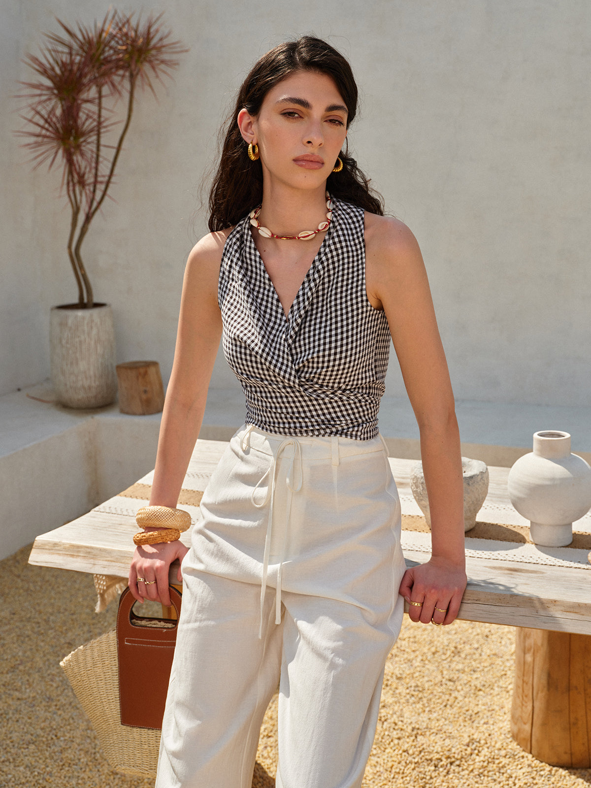 Gingham Halter Wrap Top-Chicvia