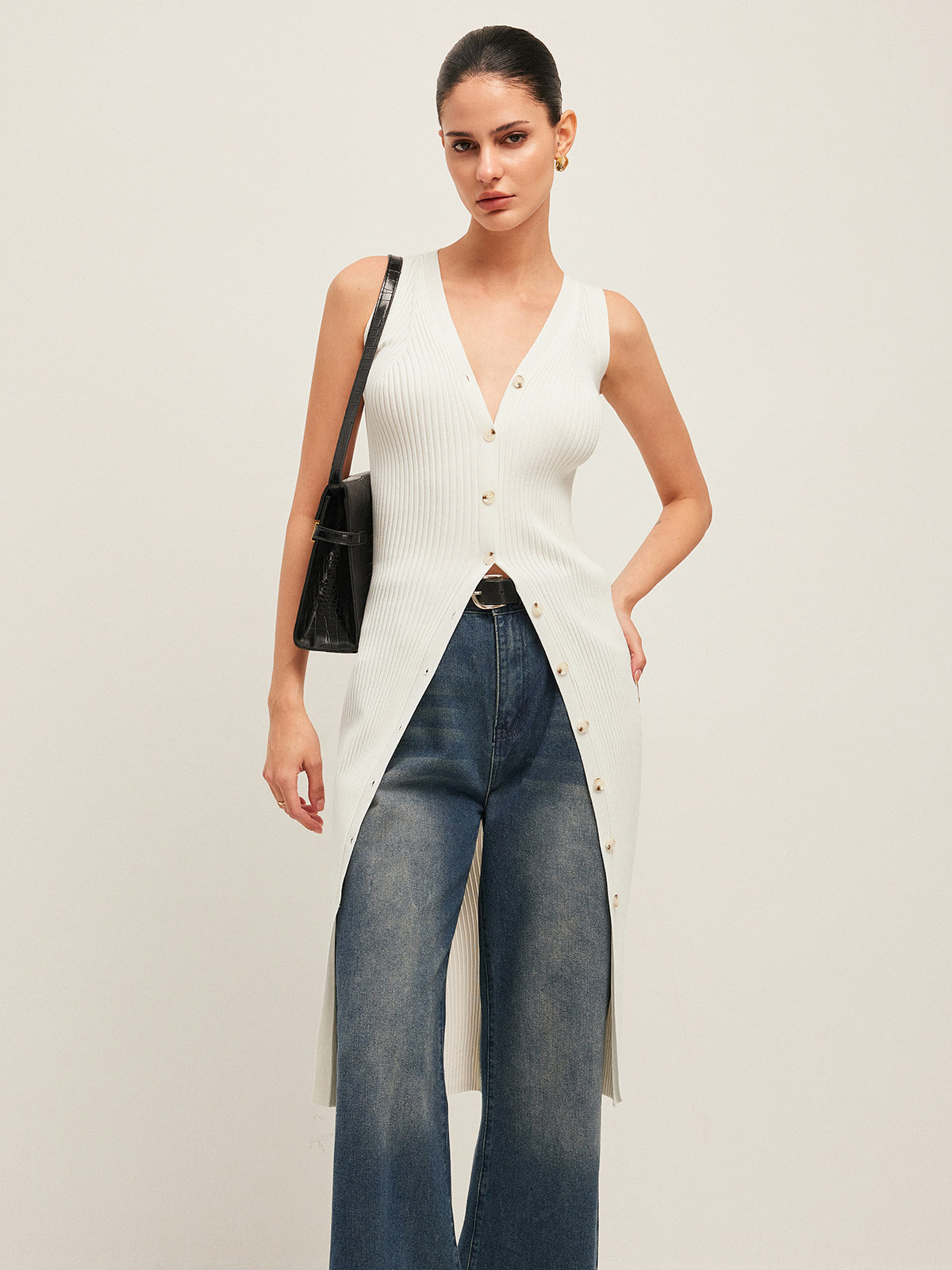 Button Detail Ribbed Dress-Chicvia