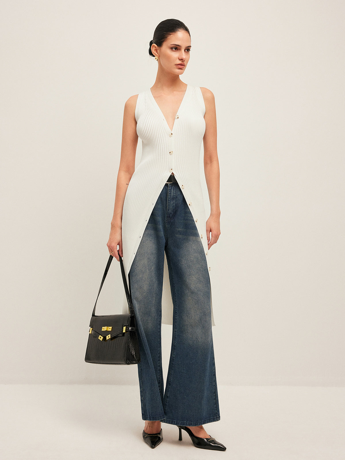 Button Detail Ribbed Dress-Chicvia