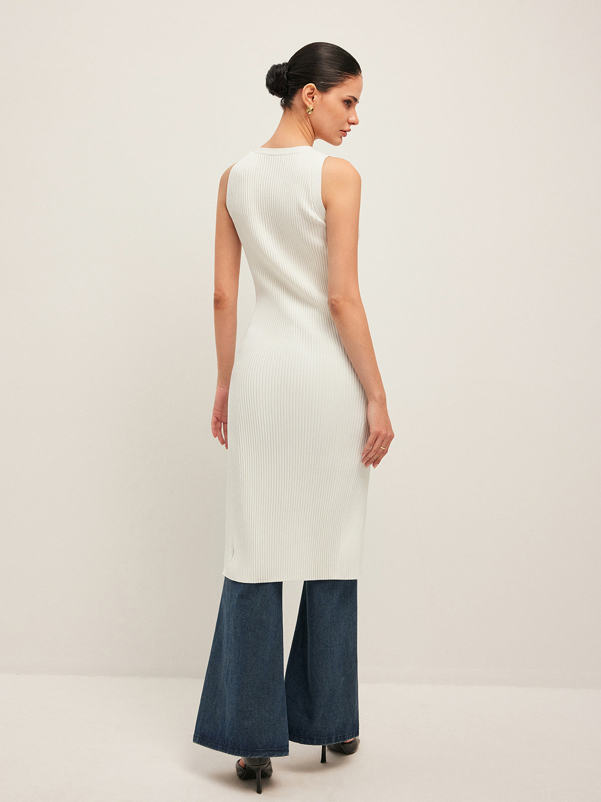 Button Detail Ribbed Dress-Chicvia