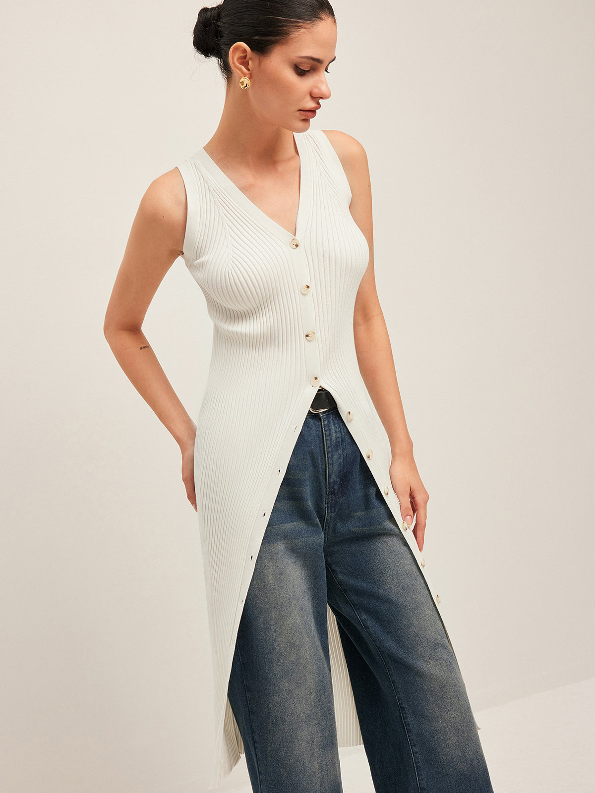 Button Detail Ribbed Dress-Chicvia