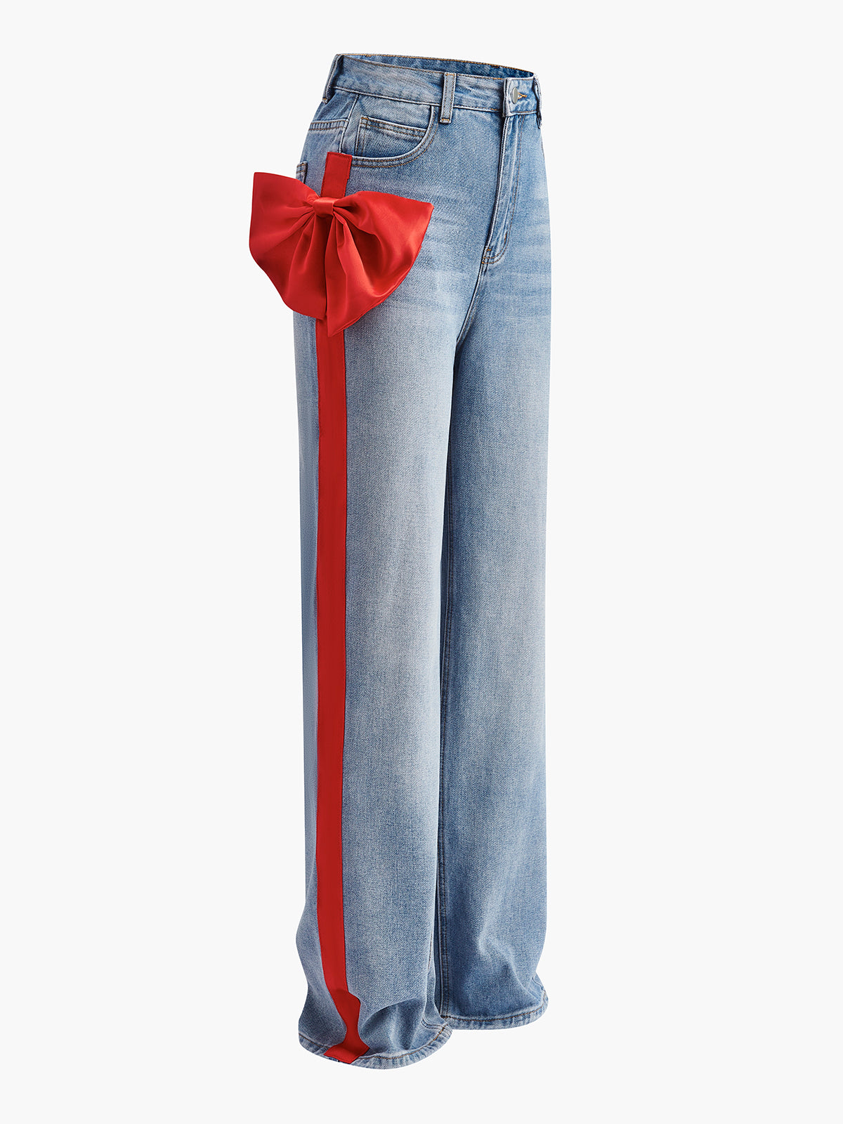 Mid-Waist Bow-Decor Denim Jeans-Chicvia