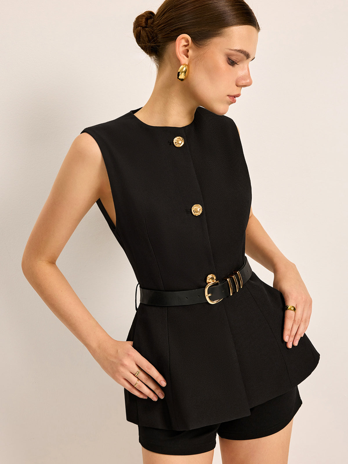 Button Detail Pockets Top With Belt-Chicvia
