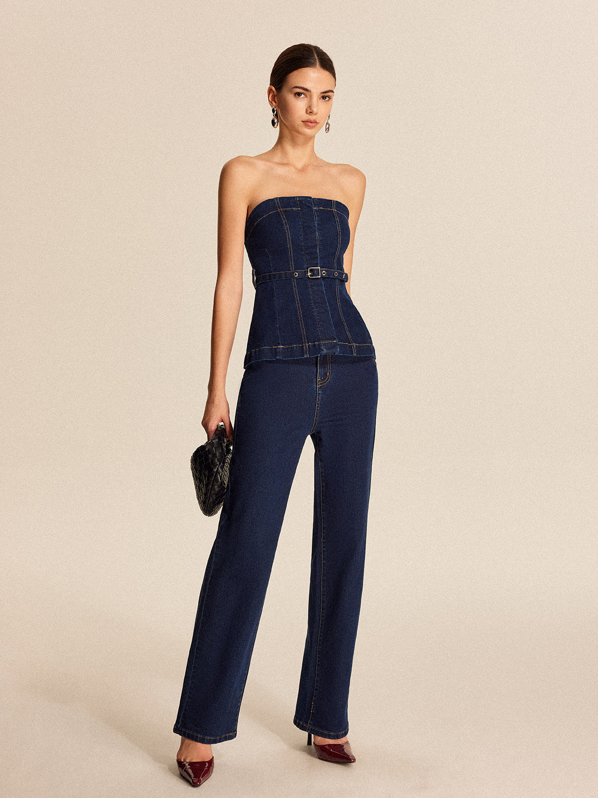 Denim Straight-Leg Pants With Belt-Chicvia