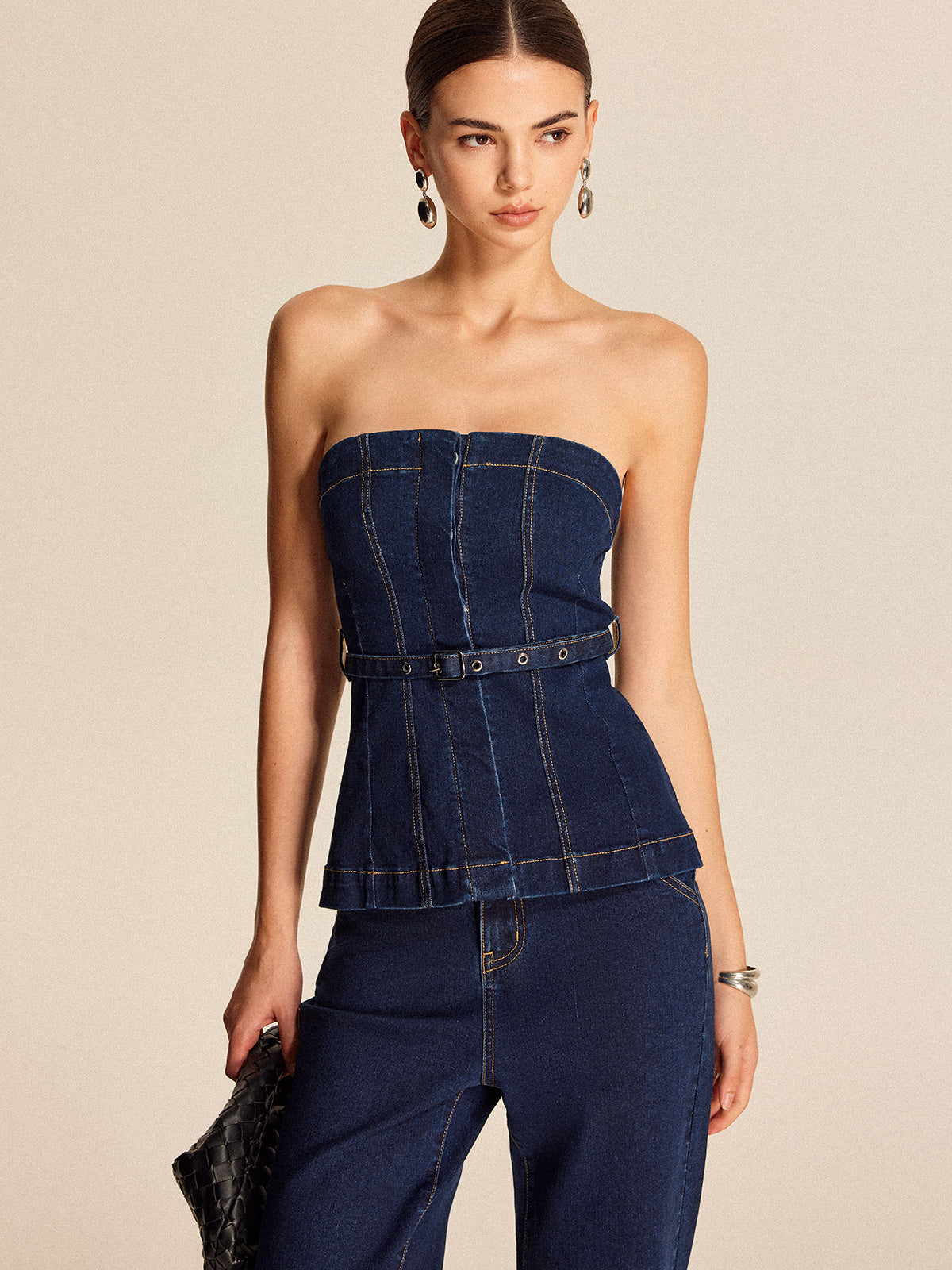 Denim Strapless Top With Belt-Chicvia
