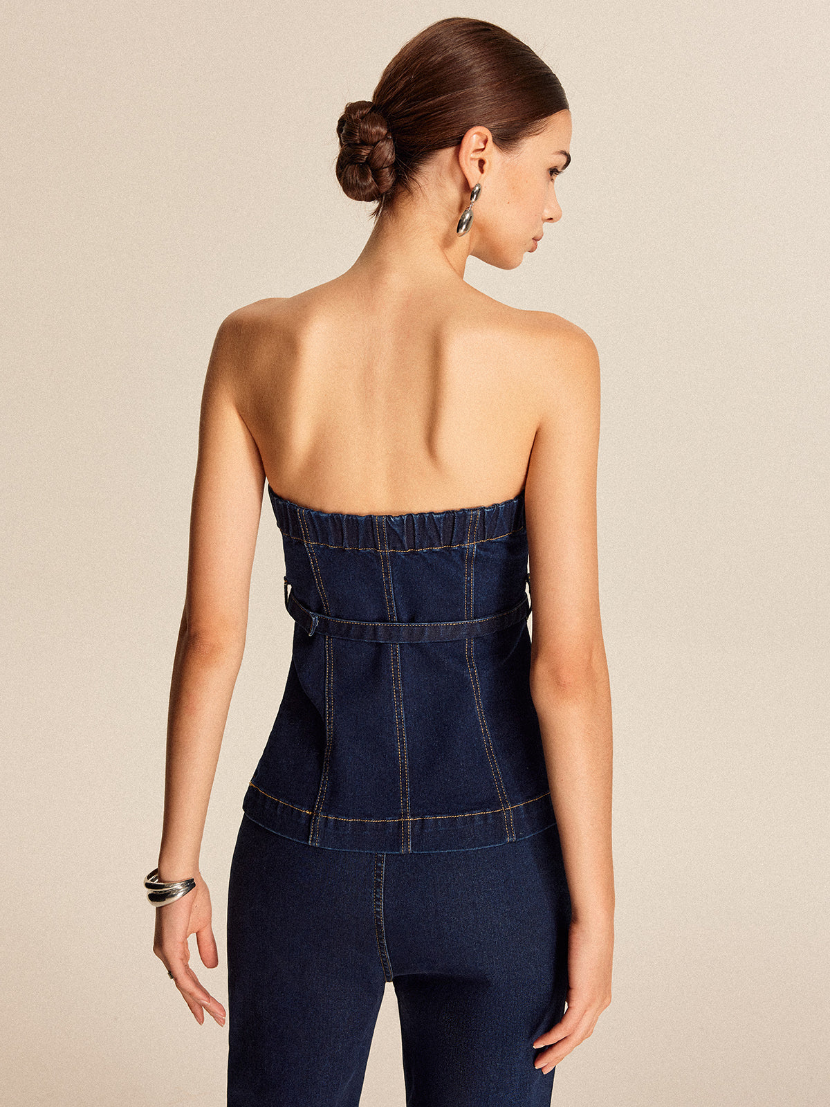 Denim Strapless Top With Belt-Chicvia