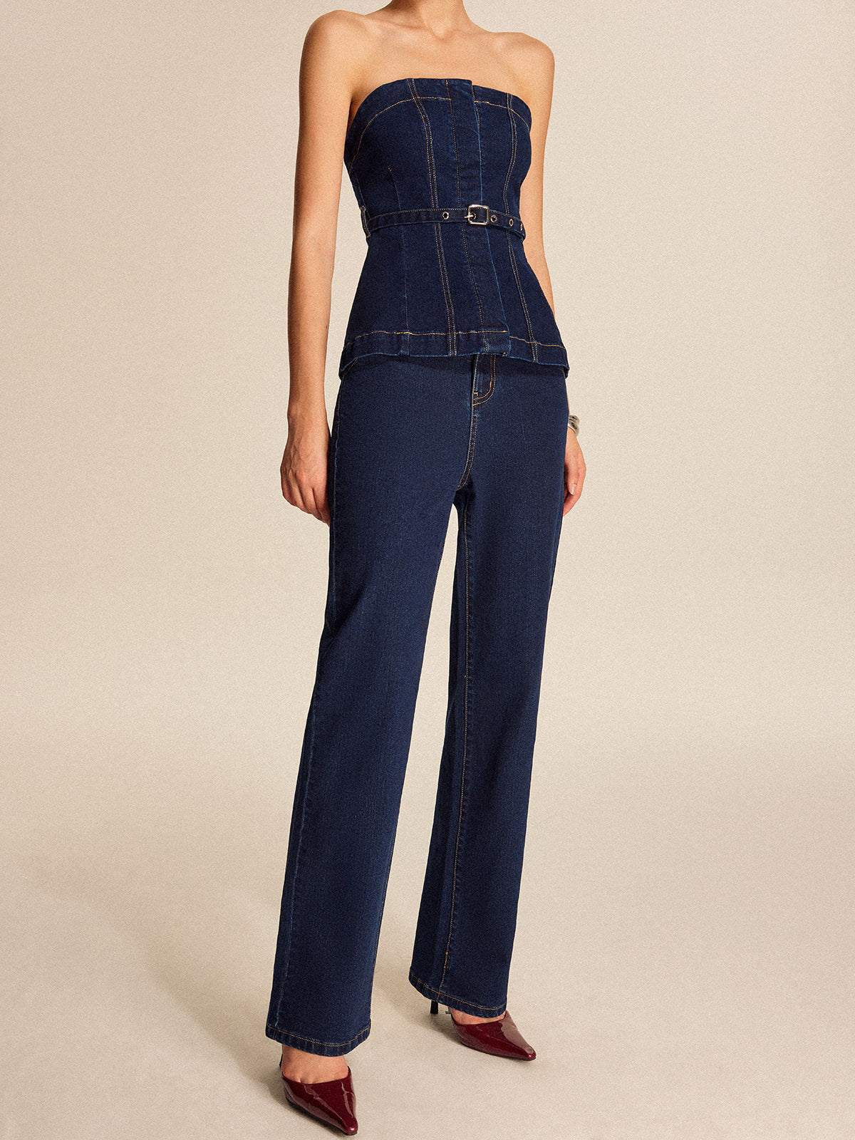 Denim Straight-Leg Pants With Belt-Chicvia