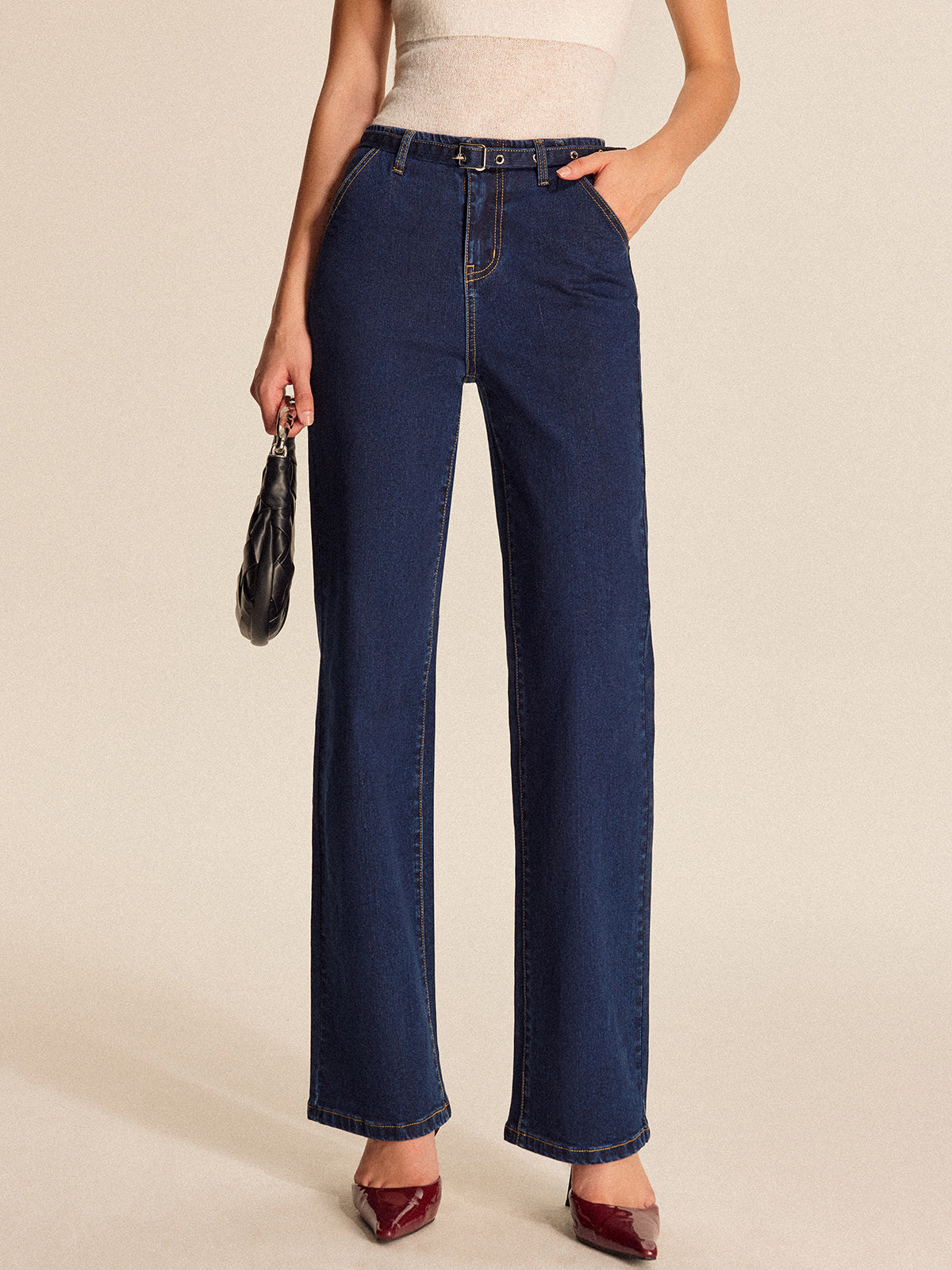 Denim Straight-Leg Pants With Belt-Chicvia