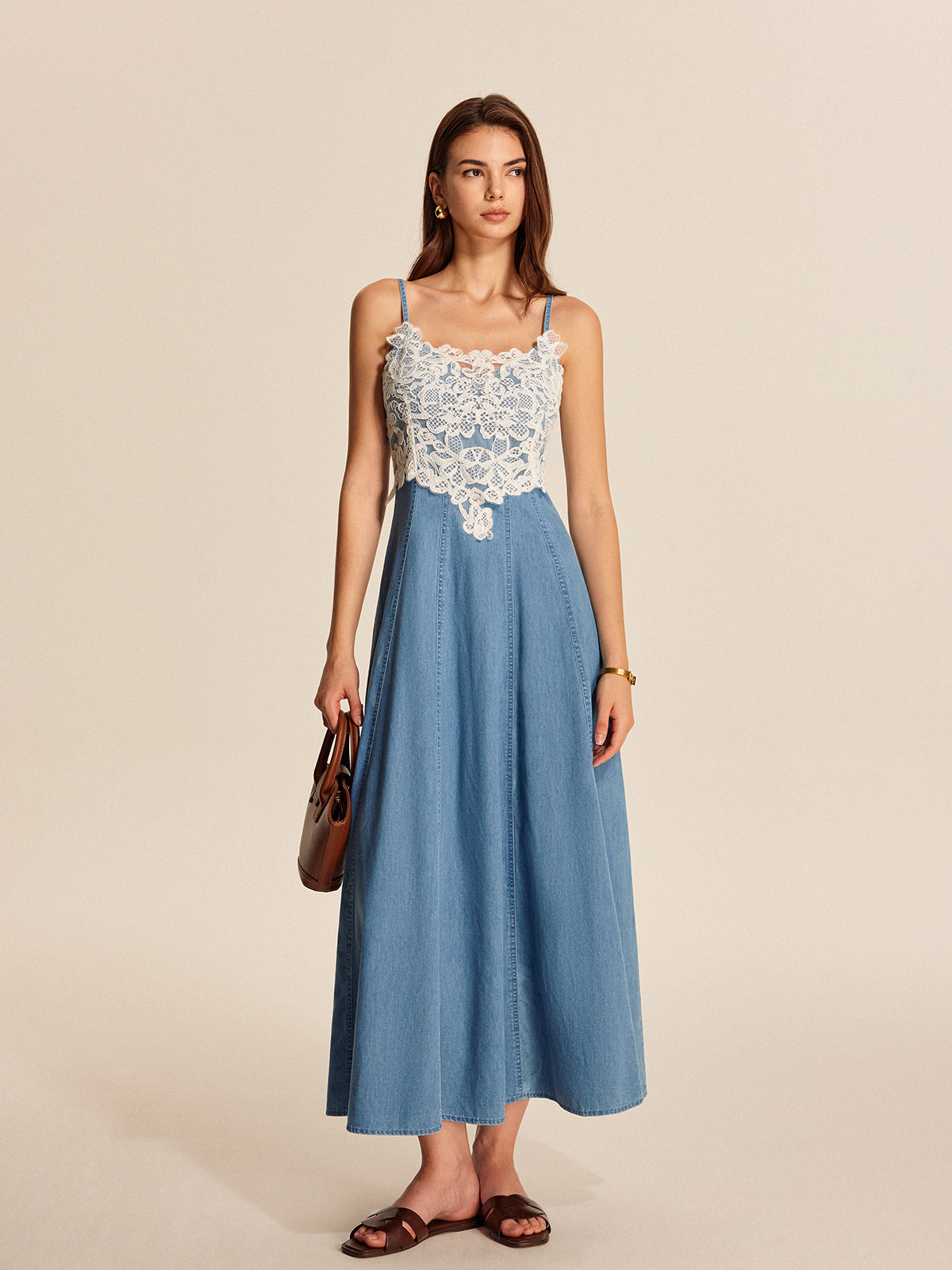 Lace Panel Denim Cami Dress-Chicvia