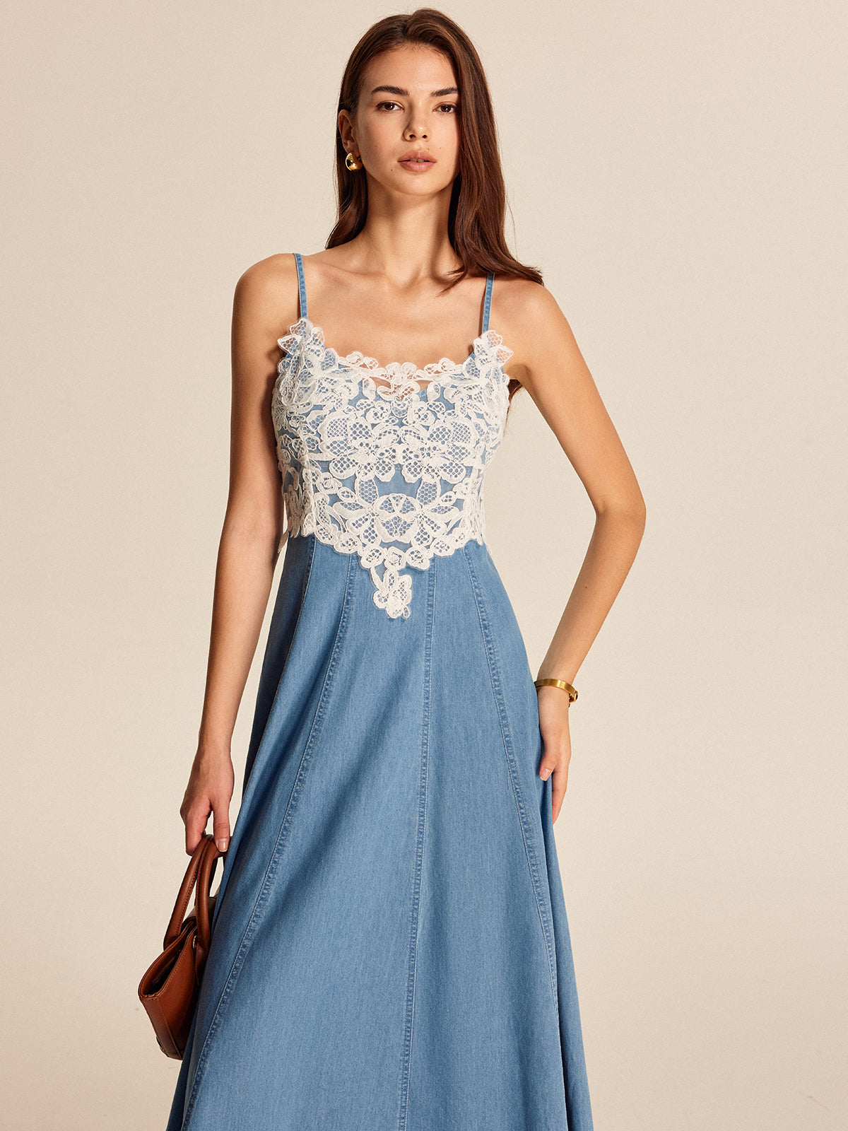 Lace Panel Denim Cami Dress-Chicvia