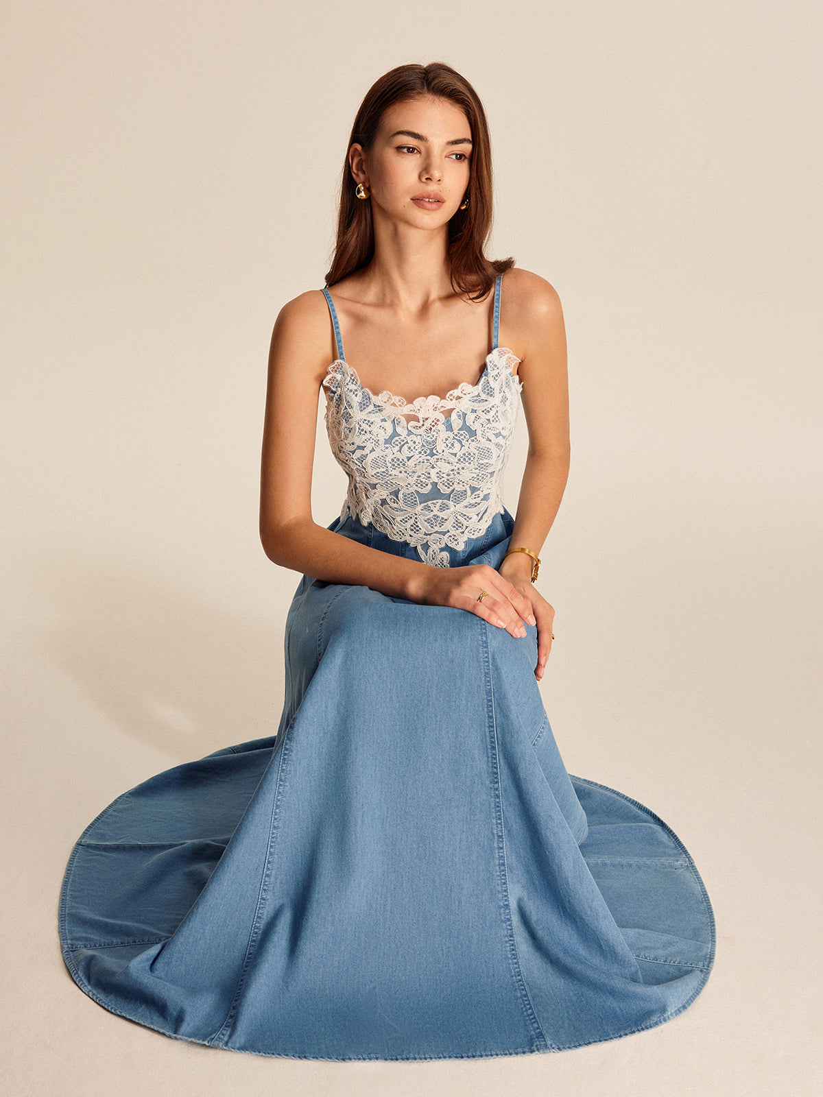 Lace Panel Denim Cami Dress-Chicvia