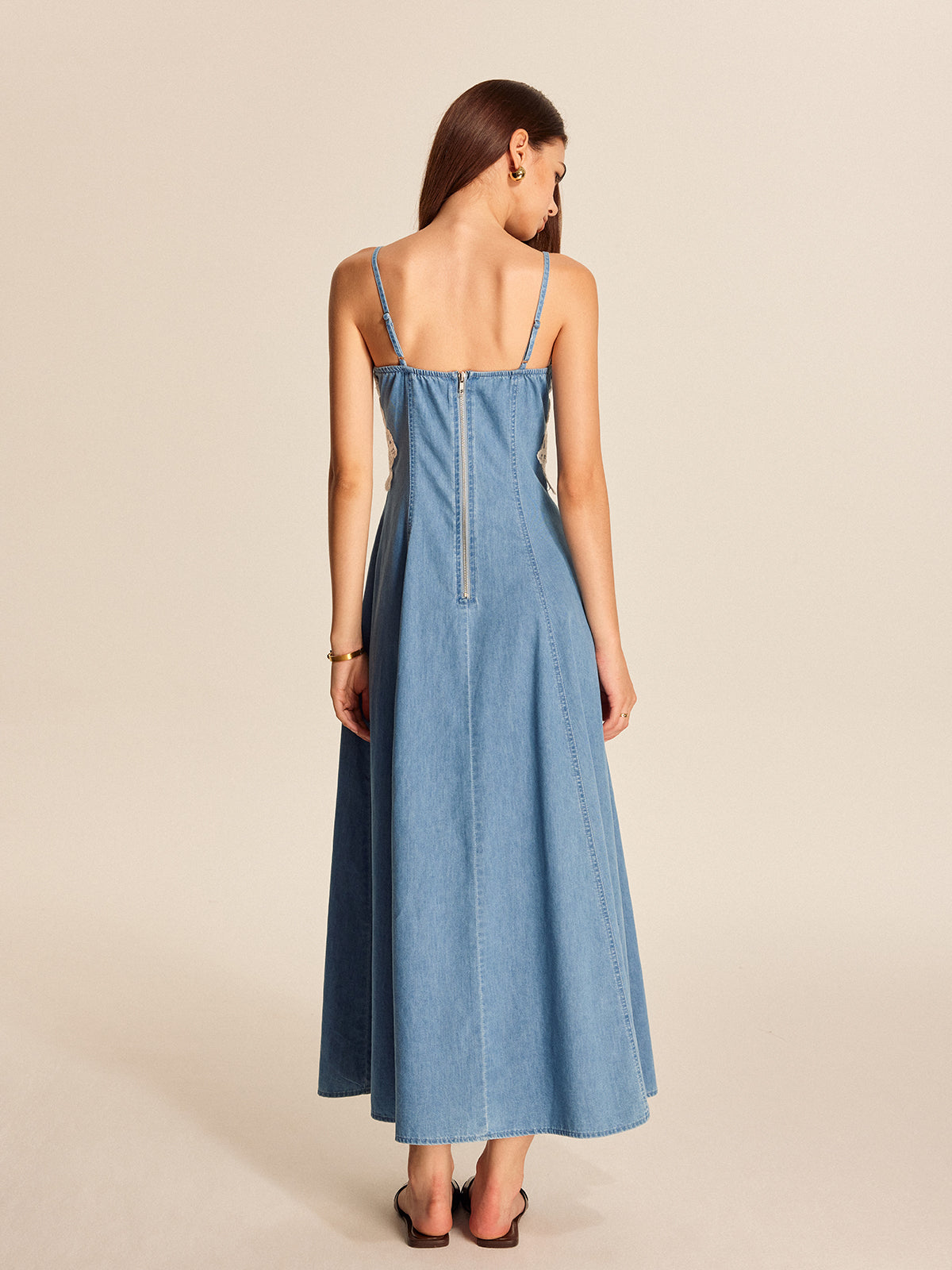 Lace Panel Denim Cami Dress-Chicvia