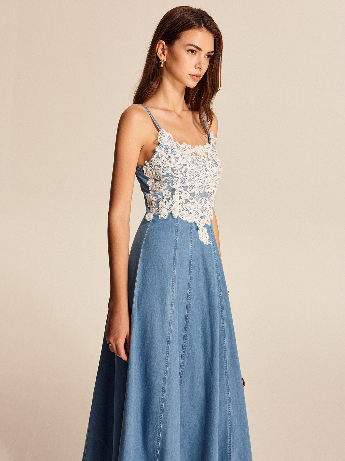 Lace Panel Denim Cami Dress-Chicvia