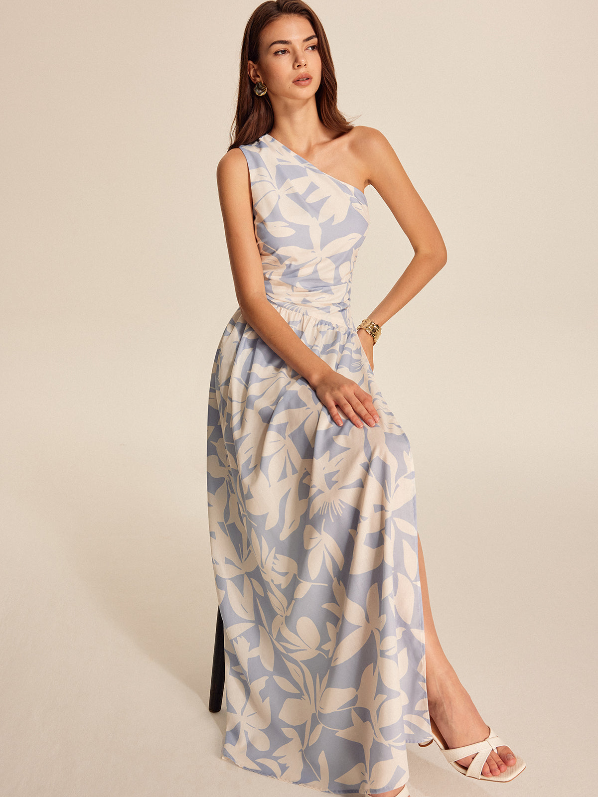 One-Shoulder Floral Dress-Chicvia