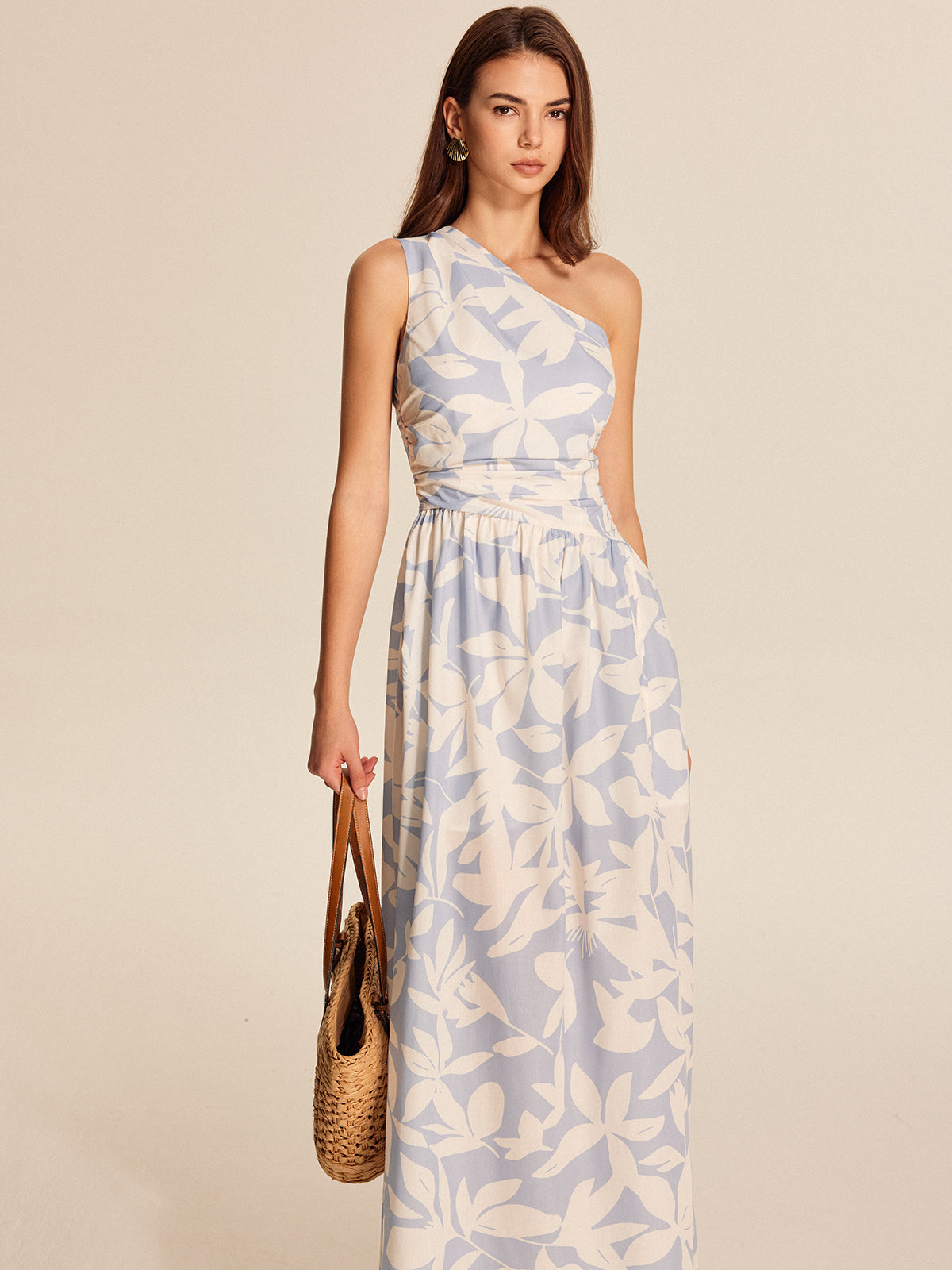 One-Shoulder Floral Dress-Chicvia