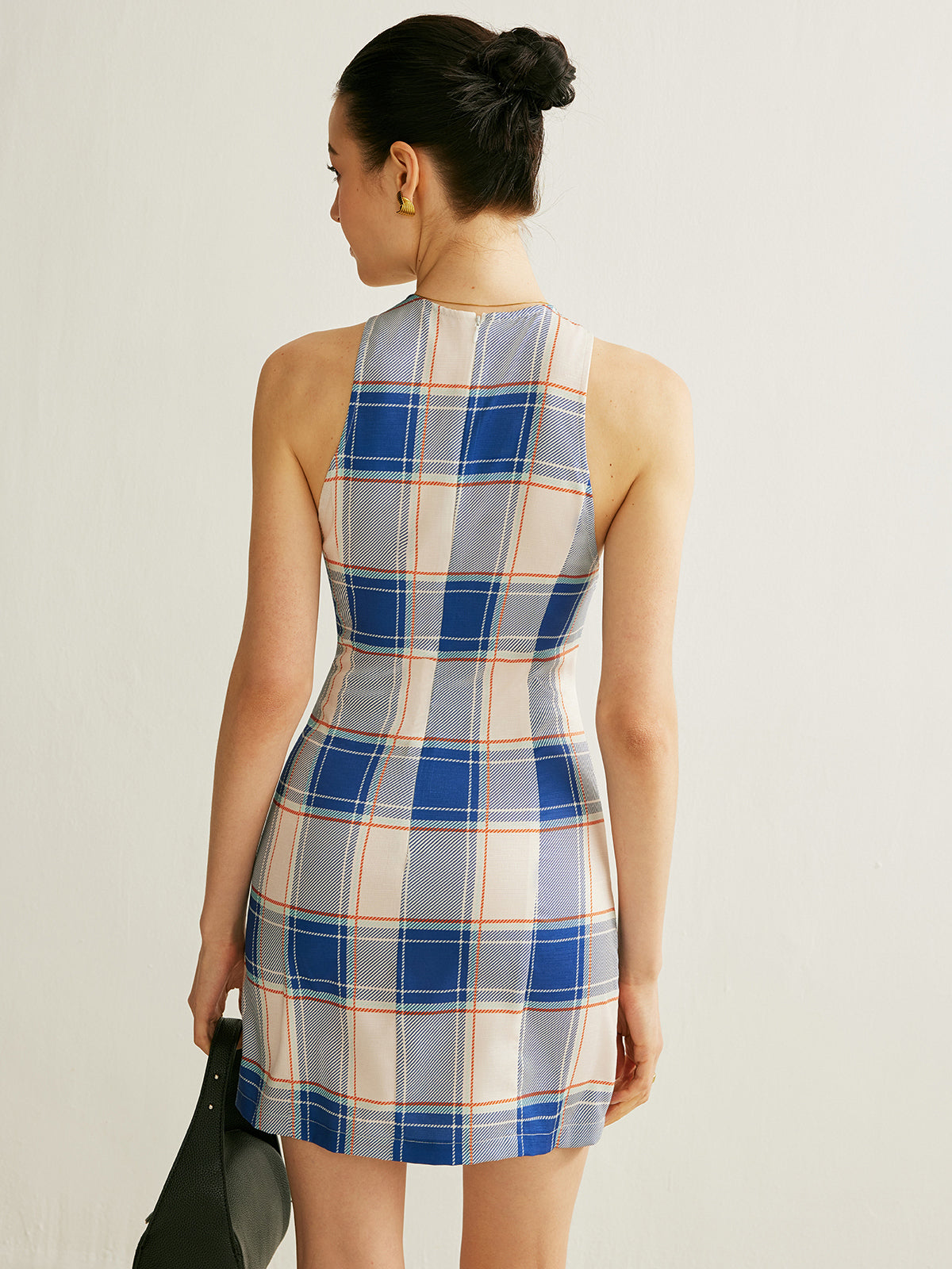 Plaid Halter Neck Button-Front Dress-Chicvia