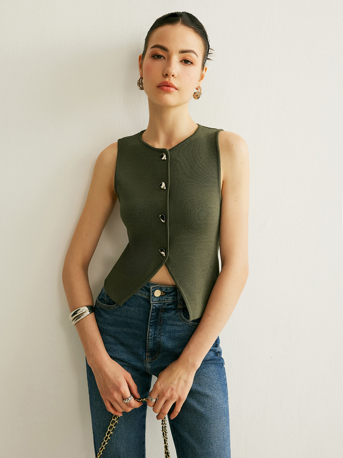 Button Detail Knit Vest-Chicvia