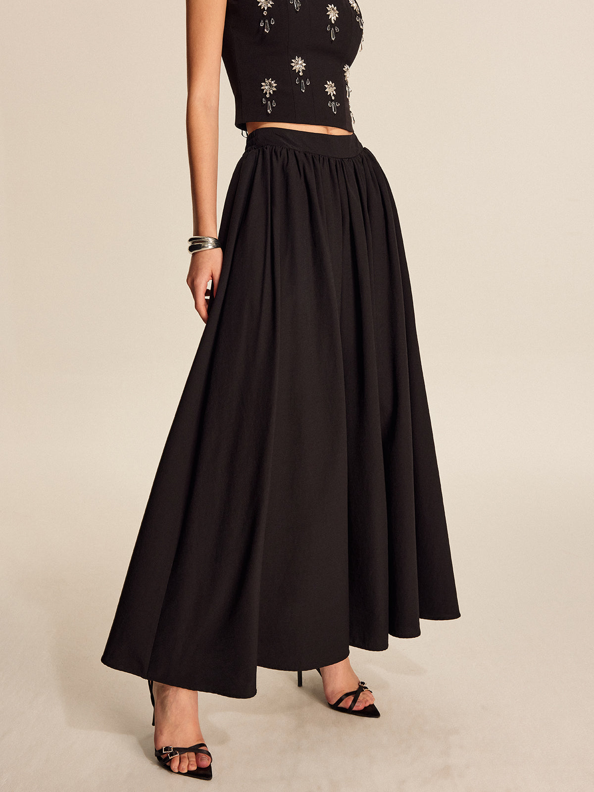 Mid Waist Flared Pleated Skirt-Chicvia