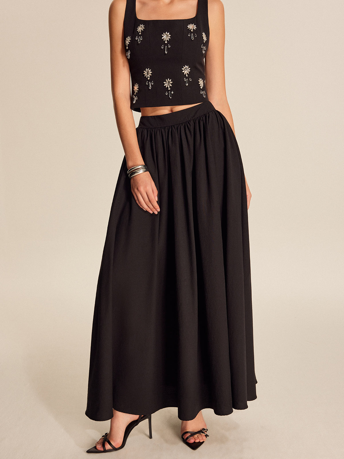 Mid Waist Flared Pleated Skirt-Chicvia