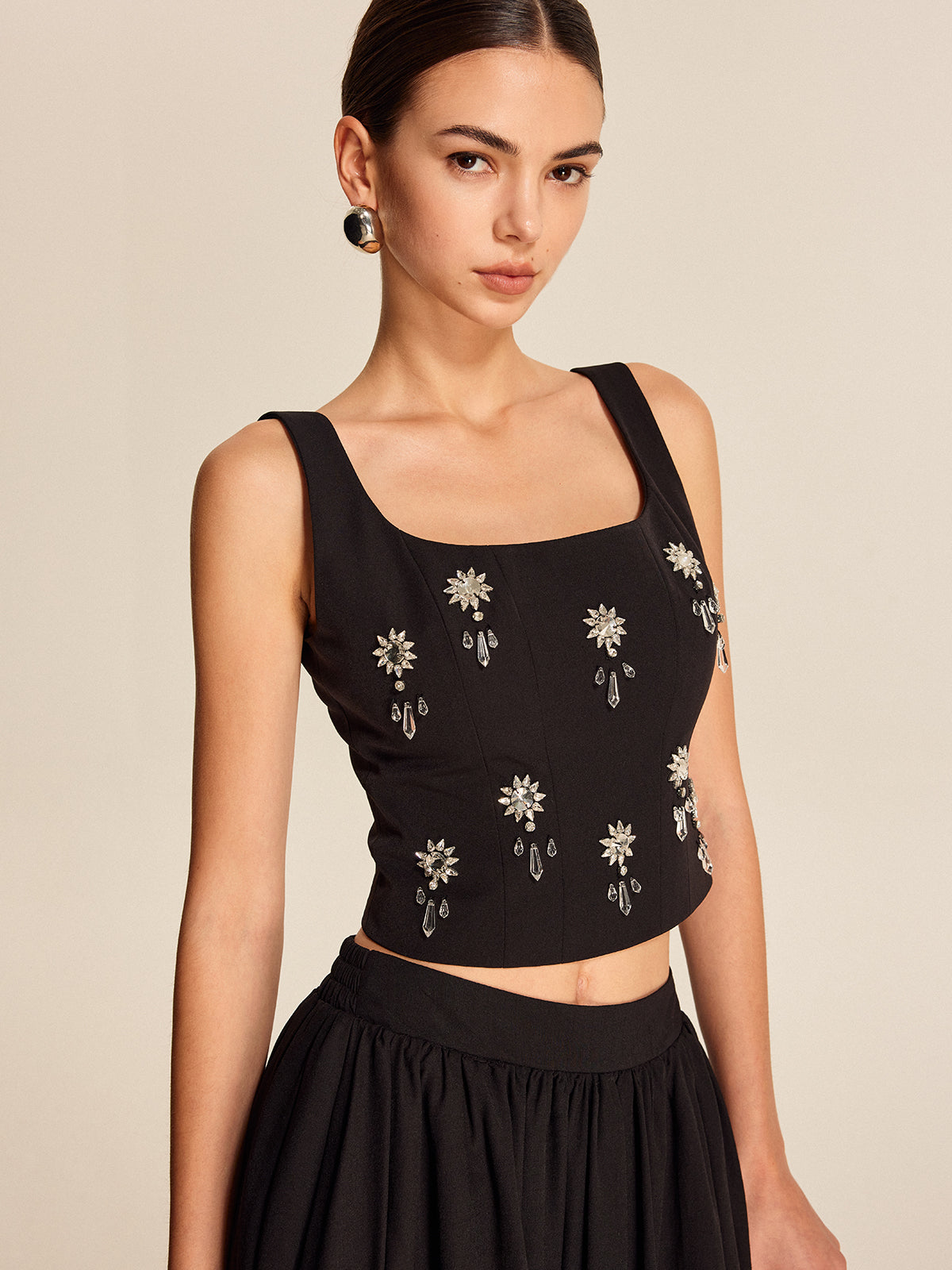 Floral Crystal Back Zipper Top-Chicvia
