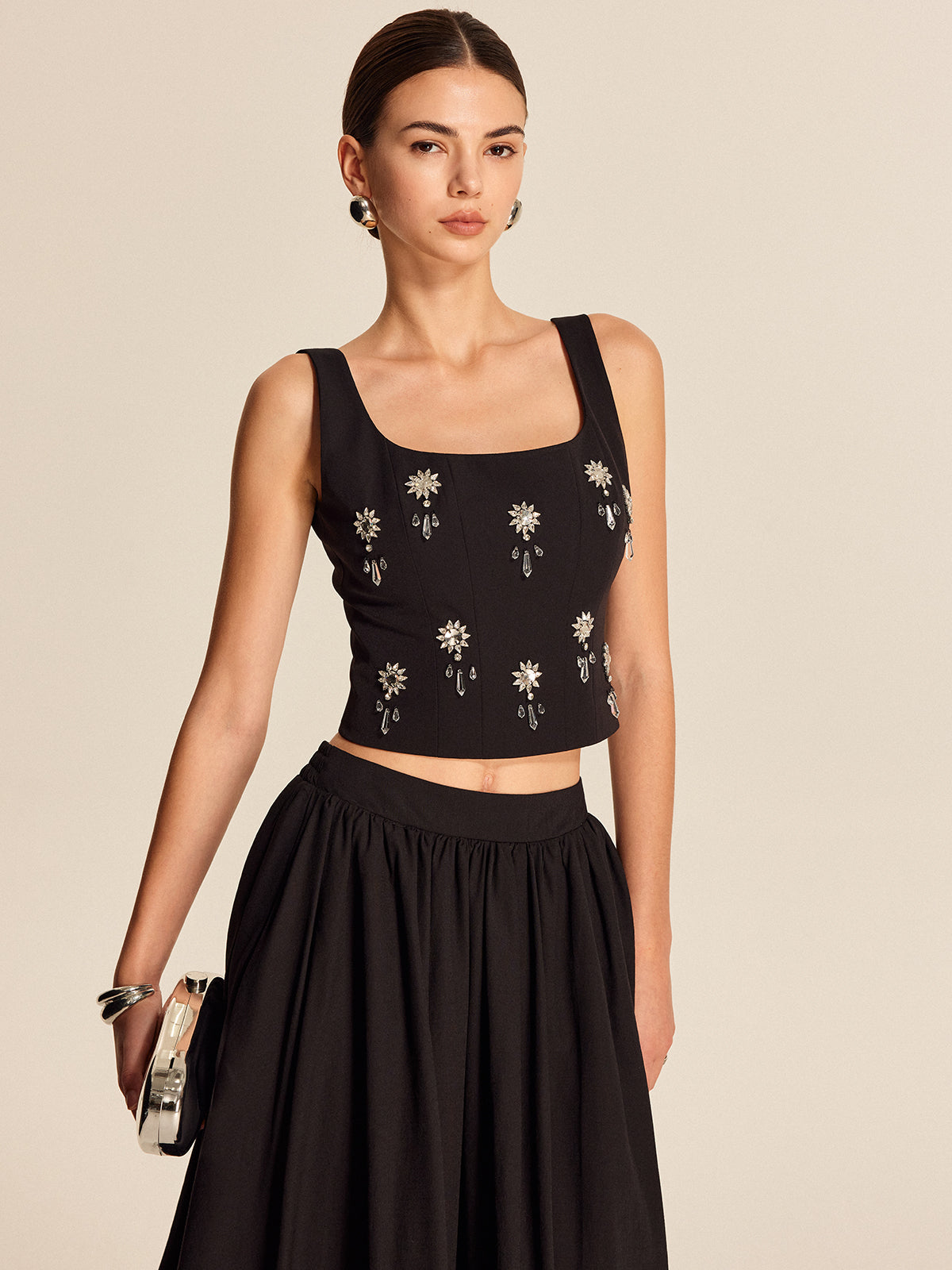 Floral Crystal Back Zipper Top-Chicvia