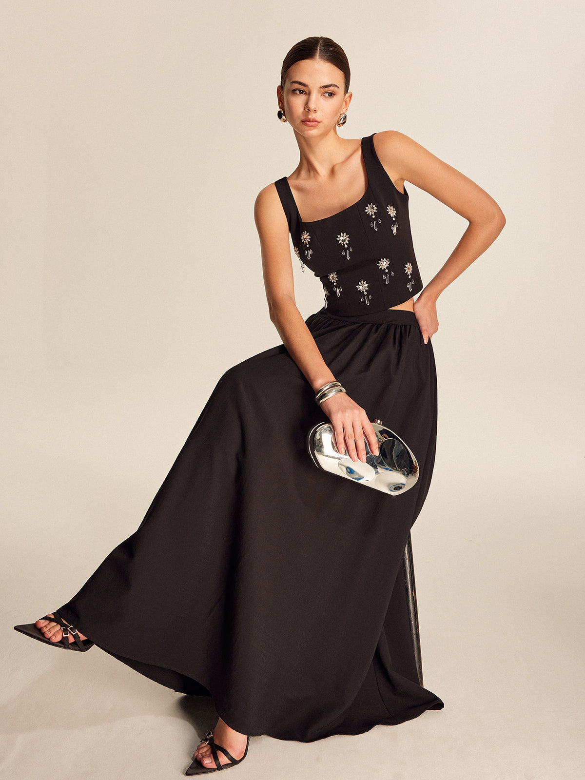 Floral Crystal Back Zipper Top-Chicvia