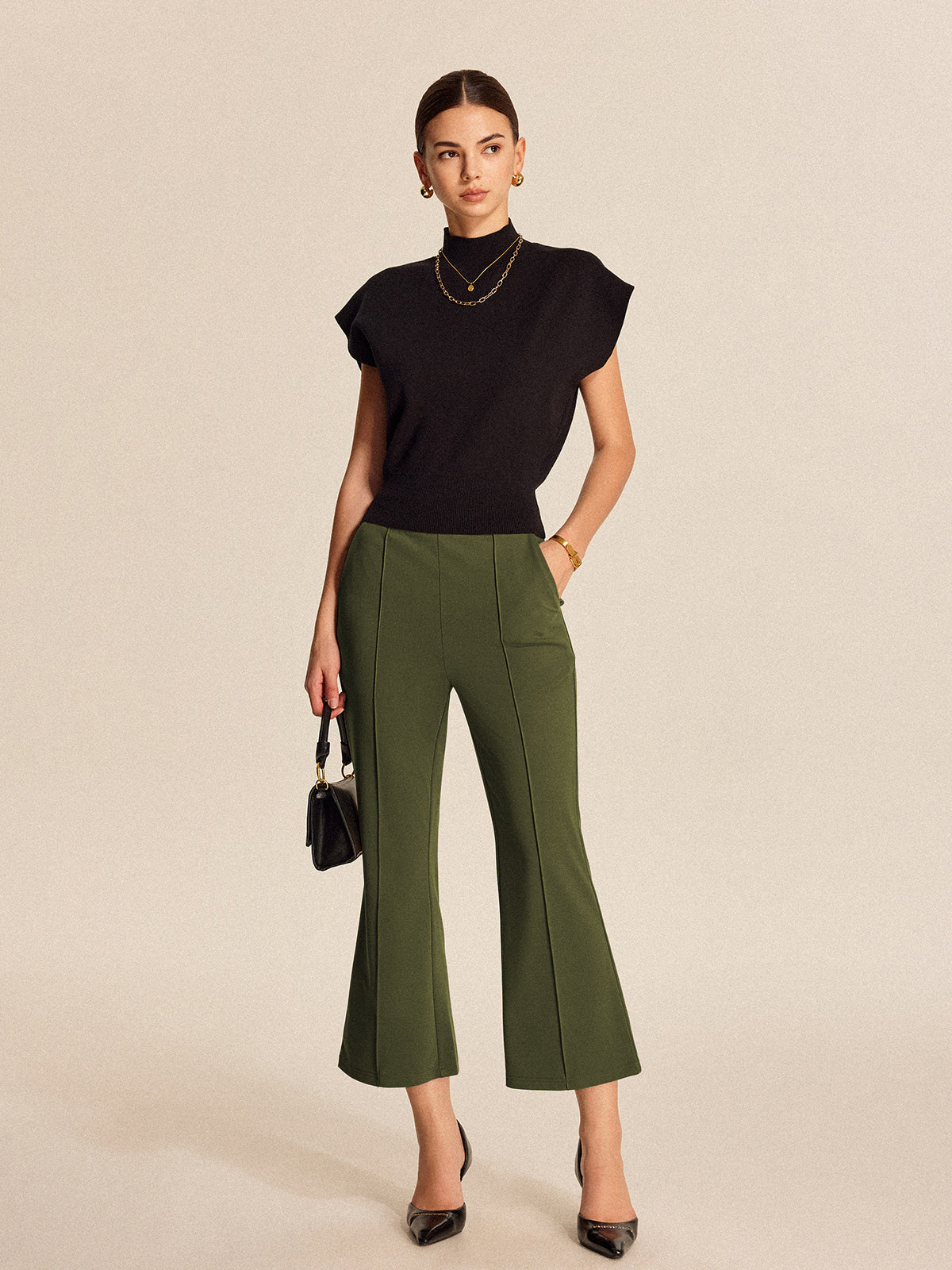 High-Waist Pocket Flared Cropped Pants-Chicvia