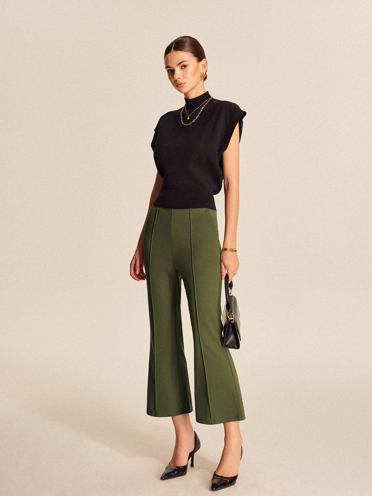 High-Waist Pocket Flared Cropped Pants-Chicvia