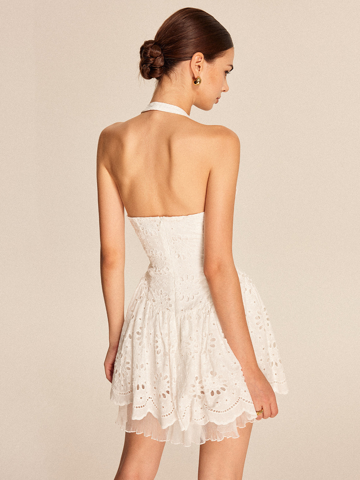 Cotton Embroidered Halter Dress-Chicvia