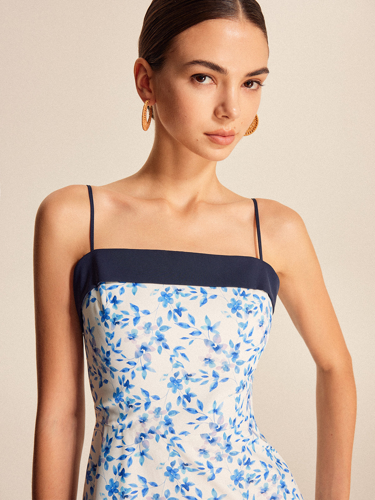 Floral Print Color Block Slip Dress-Chicvia