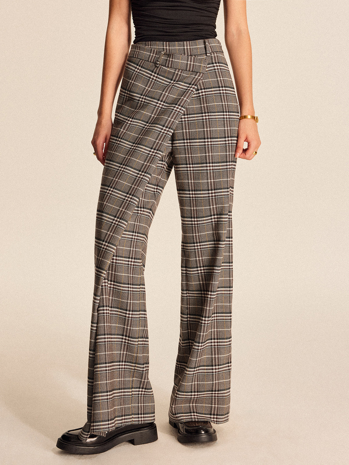 Plaid Asymmetrical Detail Mid Waist Pants-Chicvia