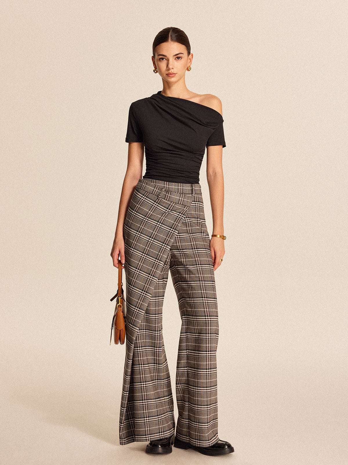 Plaid Asymmetrical Detail Mid Waist Pants-Chicvia