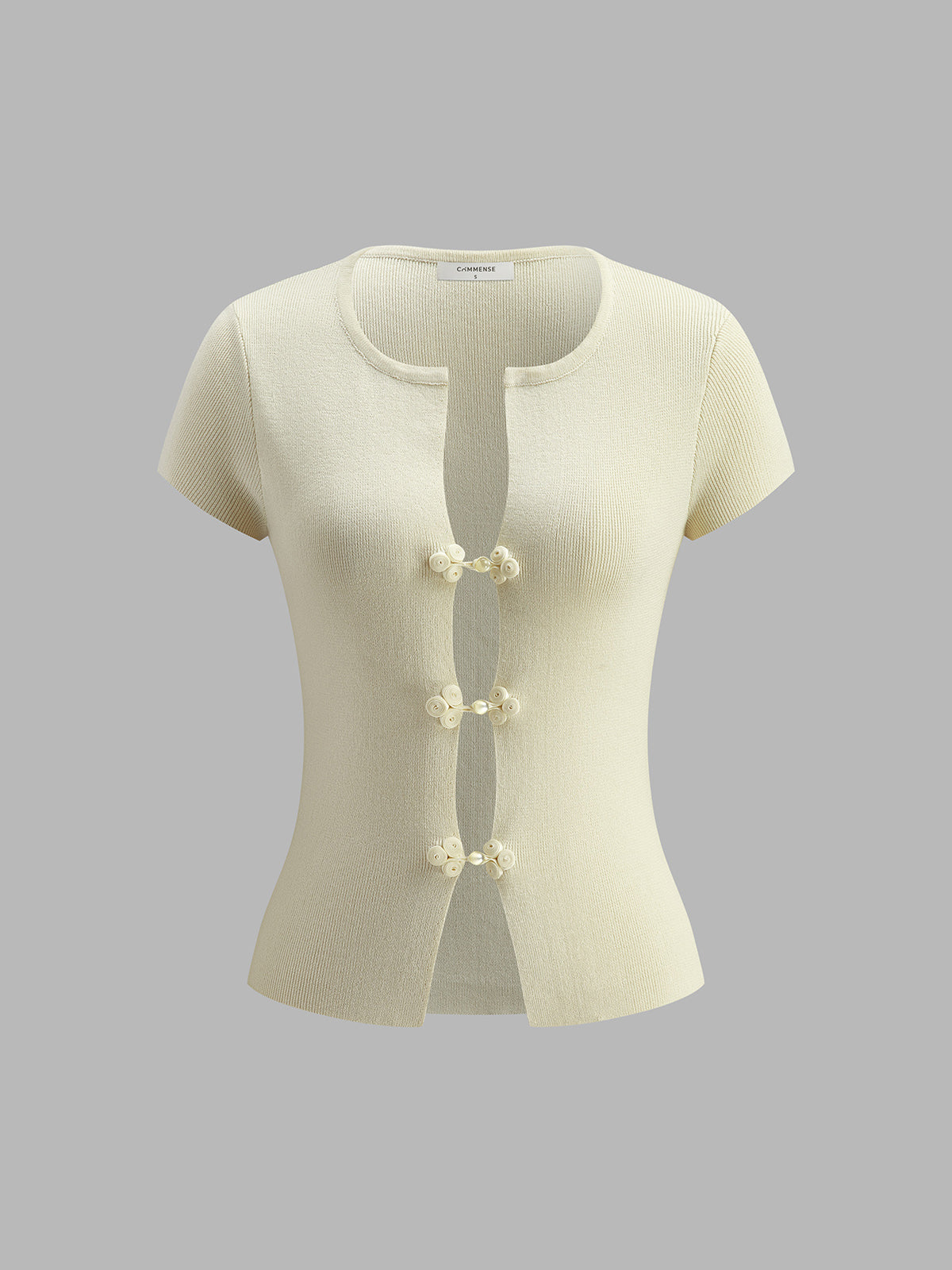 Button-Detail Ribbed Knit Top-Chicvia