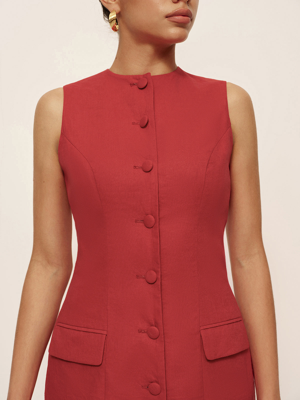 Cotton & Linen Button Sleeveless Short Dress-Chicvia