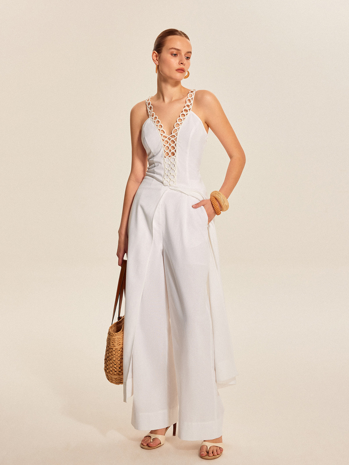 Mid-Waist Wide-Leg Pants With Pockets-Chicvia