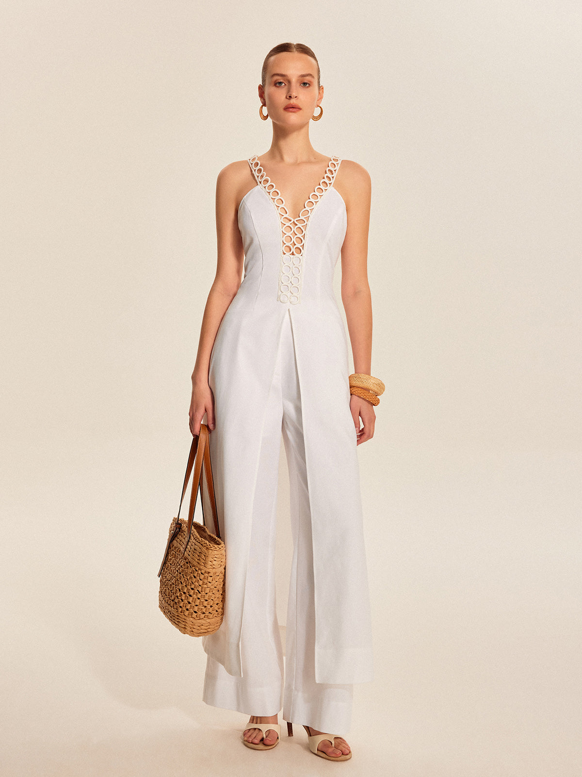 Hollow-Out Lace-Up V-Neck Top-Chicvia