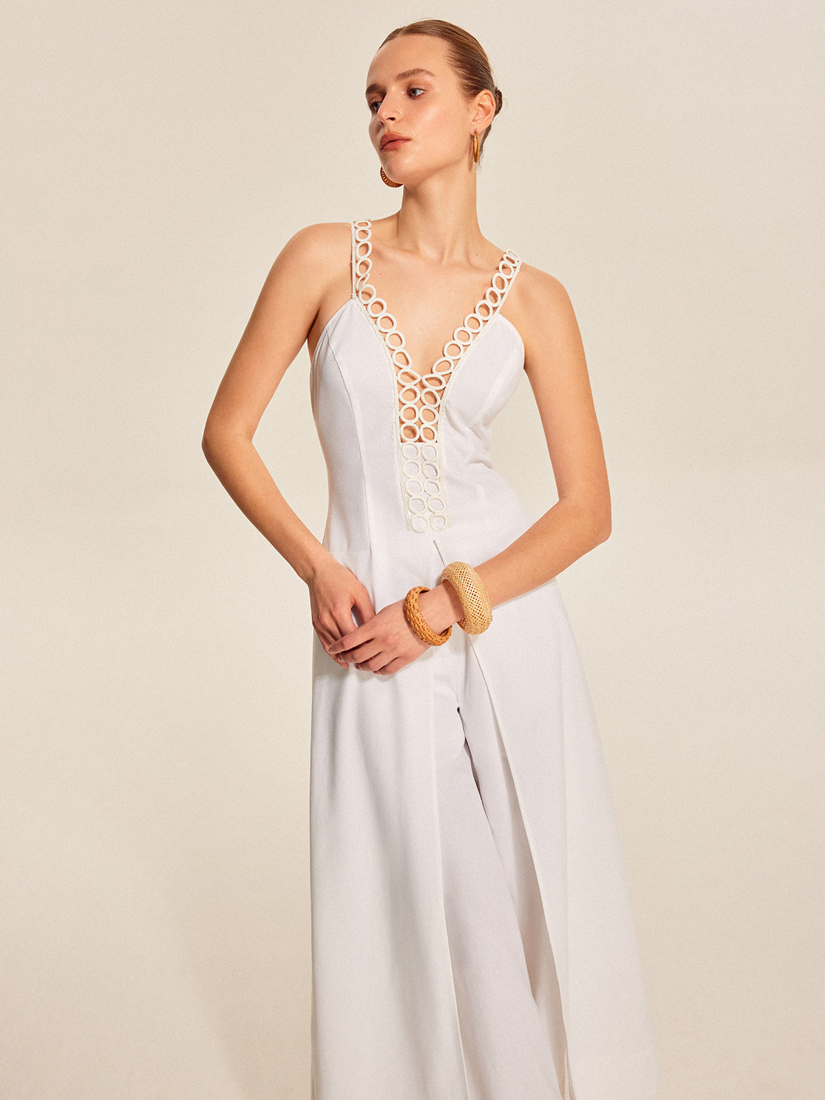 Hollow-Out Lace-Up V-Neck Top-Chicvia