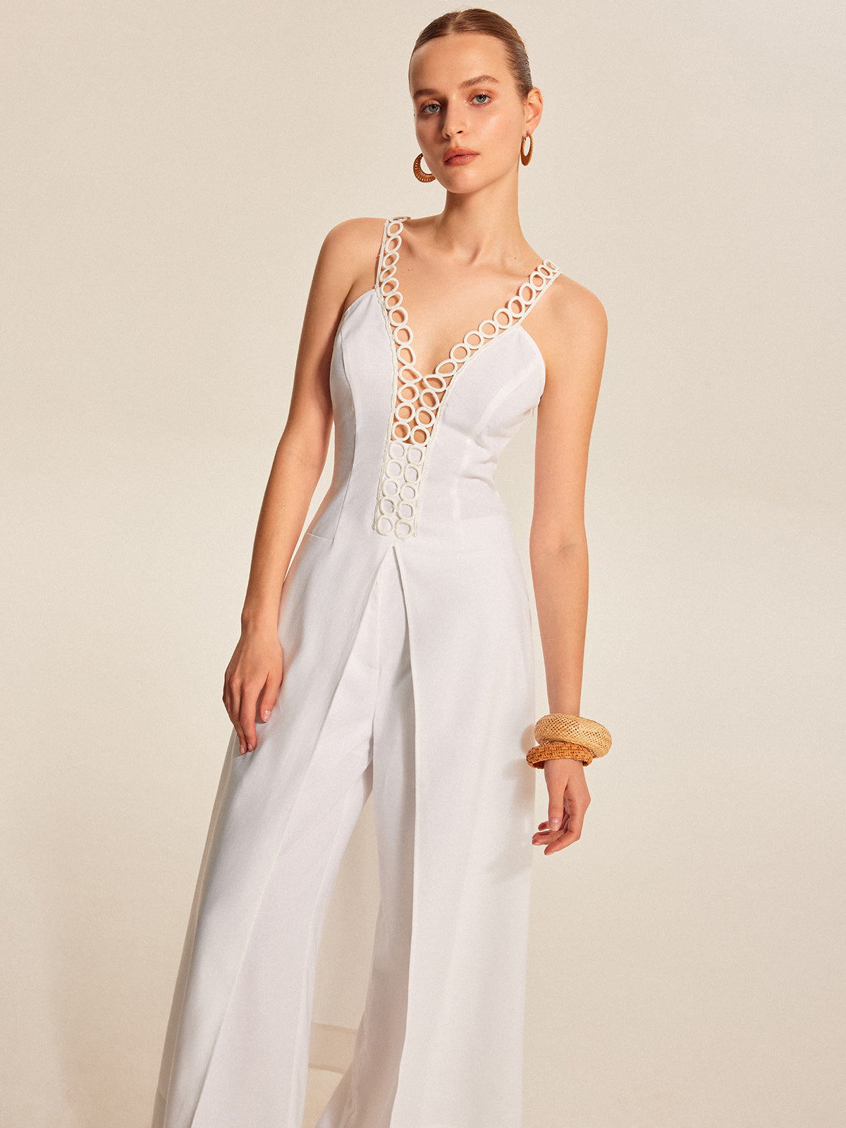 Hollow-Out Lace-Up V-Neck Top-Chicvia