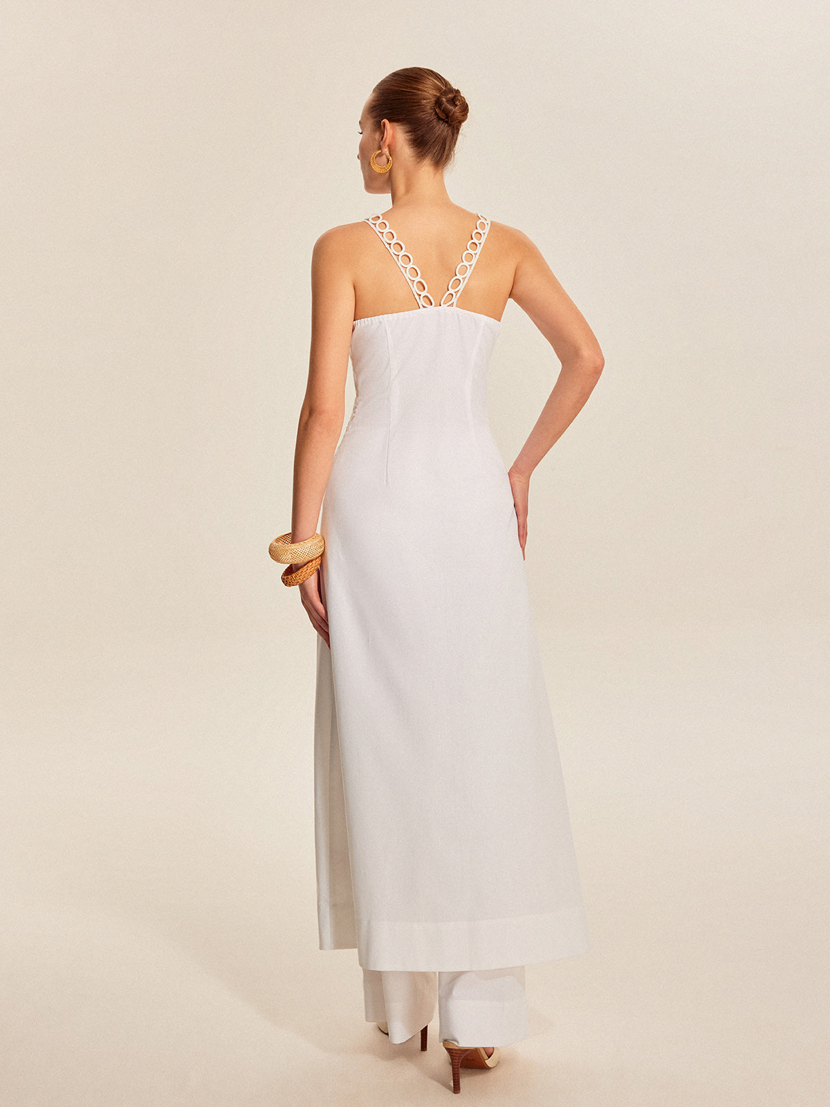 Hollow-Out Lace-Up V-Neck Top-Chicvia