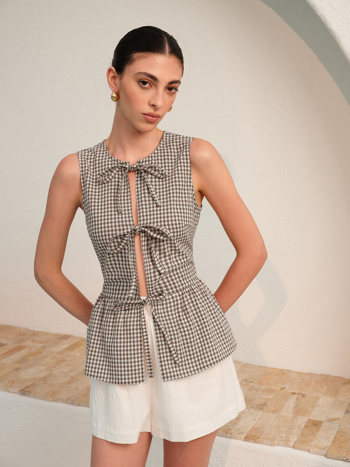 Gingham Tie-Front Peplum Top-Chicvia