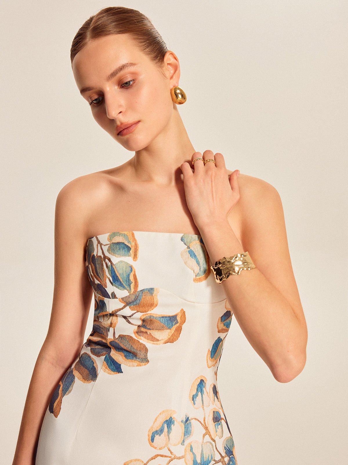 Floral Print Strapless Dress-Chicvia