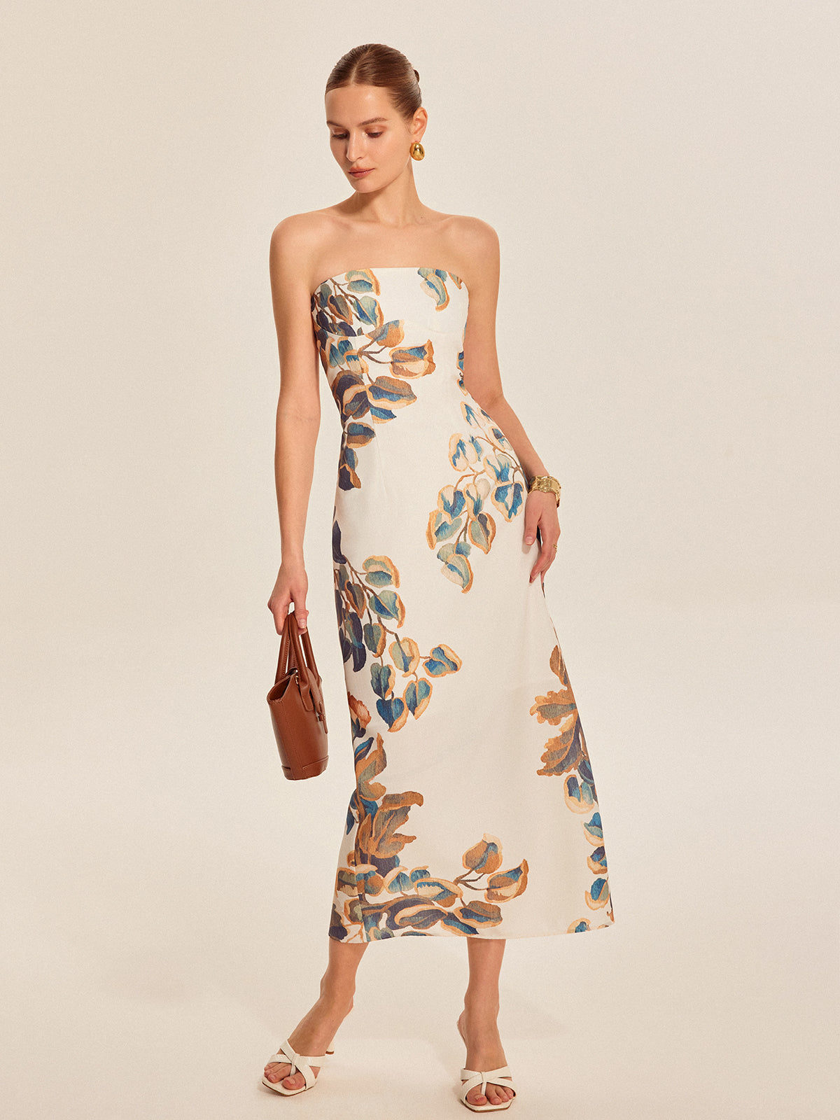 Floral Print Strapless Dress-Chicvia